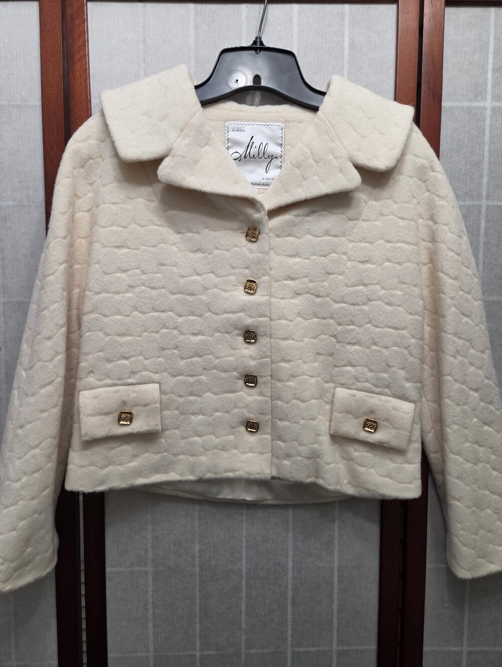 Milly Cream Virgin Wool Textured Cropped Jacket Gold Buttons Vintage Style 8